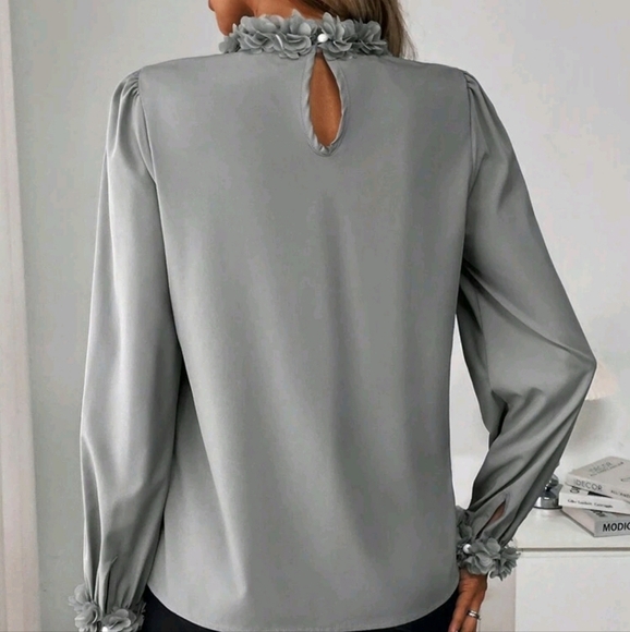 Spring/Autumn Casual Solid Color Puff Sleeve Shirt With Stand Collar Flower - Picture 4 of 4